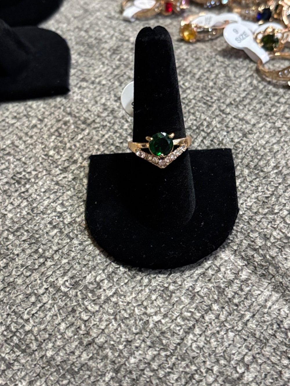 Green Stone V-Accent Gold Ring - Women Jewelry size 9